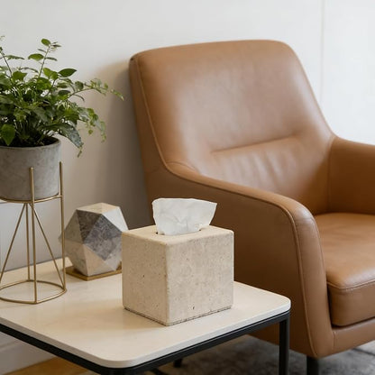 Travertine Tissue Box Cover, Heavy Duty Nature Stone Tissue Box Holder, Decorative Luxurious Travertine Square Toilet Tissue Box for Bathroom, Bedroom, Living Room, Office