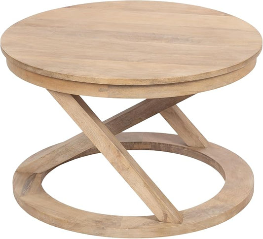 Kate and Laurel Aja Bohemian Round Mango Wood Coffee Table, 26 inch Diameter, Light Natural, Decorative Geometric Modern Coffee Table for Hosting, Storage, and Living Room Decor