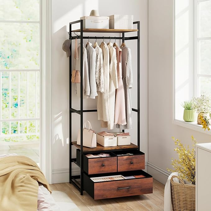 Giantex Clothes Rack with Drawers, Heavy Duty Clothing Garment Rack with Side Hooks and Metal Frame, Industrial Freestanding Clothes Storage Organizer for Entryway, Living Room, Bedroom