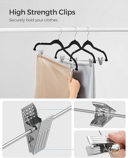 SONGMICS 20-Pack Pants Hangers, 16.7-Inch Long Velvet Hangers with Adjustable Clips, Heavy-Duty, Non-Slip Skirt Hangers, Space-Saving for Pants, Skirts, Coats, Dresses, Black UCRF012B20