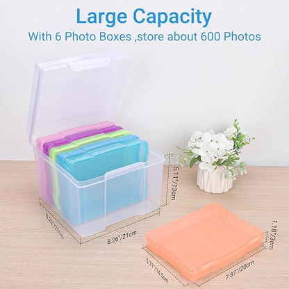COSICS Photo Storage Box 5" x 7", Extra Large Transparent Plastic Photo Organizer Craft Keeper with 6 Colorful Inner Case for Cards, Pictures, Stamps, Stickers, Seeds, Office Supplies