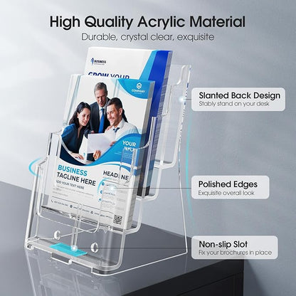 MaxGear Acrylic Brochure Holder 8.5 x 11 inch, 4 Tier Clear Literature Organizer Magazine Stand Display with Removable Divider for 4 x 9 inch Brochures, Pamphlet, Wall Mount or Countertop, 2 Pack