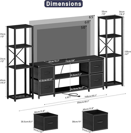 Yenlure LED TV Stand Bookshelf Combo with Charging Station for 65 60 55 Inch TV, Entertainment Center with Lights & Drawers, Industrial Media TV Console Table for Living Room Bedroom Office, Black