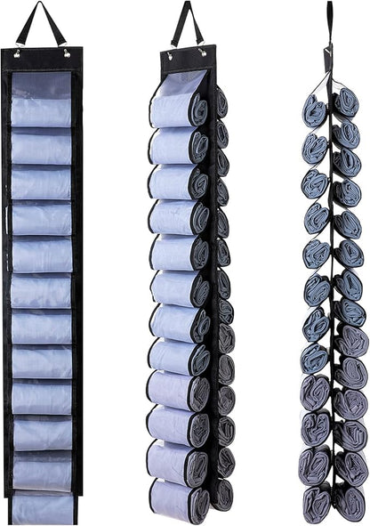 DHSFKBE Legging Organizer, Foldable Hanging Closet Organizer with 26 Roll Compartments for Yoga Clothes, Pants, Shirts (Black)
