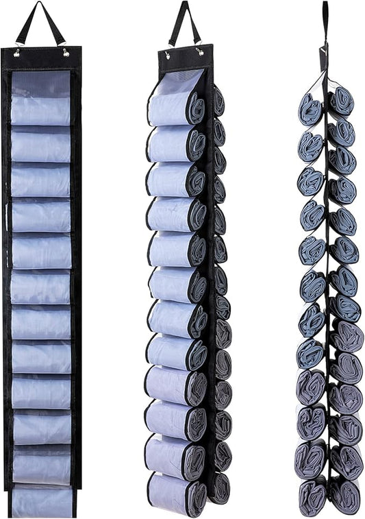 DHSFKBE Legging Organizer, Foldable Hanging Closet Organizer with 26 Roll Compartments for Yoga Clothes, Pants, Shirts (Black)