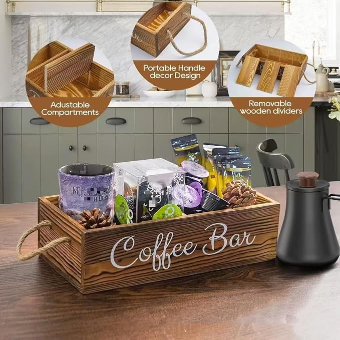 Wooden Coffee Bar Accessory Organizer, Coffee Corner Storage Rack With Removable Shelves, Farmhouse-Style K-Cup Capsule Storage Basket With Handles-Designed Specifically For Coffee Lovers