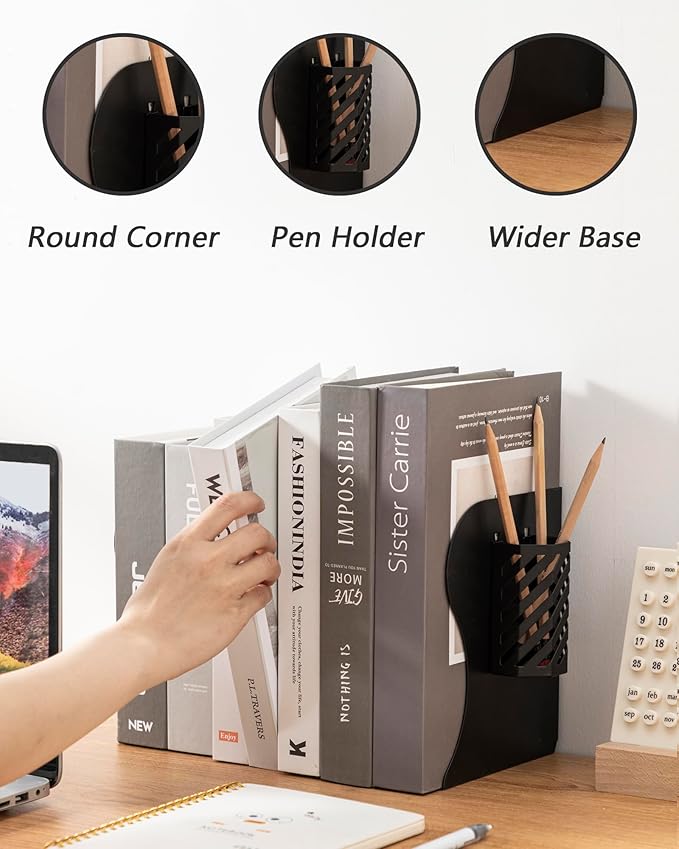 Kingsmile Book Ends, Adjustable Heavy Duty Metal Book Stoppers with Pen Holder for Desk Office Library Kids Room(Black)