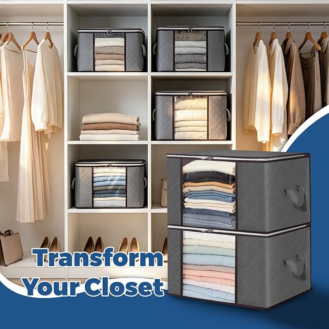 Pterying 10Pack Closet Organizers and Storage Bags with Clear Window & Reinforced Handle, Foldable Clothes Storage Bins with Zippers for Comforter, Blankets, Bedding