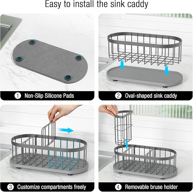 HOKEMOM Grey Sponge Holder for Kitchen Sink,Sink caddy organizer - 2.6mm Thick 304 Stainless Steel Caddy with Rust-Proof Coating, Non-Slip No-Drain Base. Dimensions: 9.84" x 4.72" x 5.83"