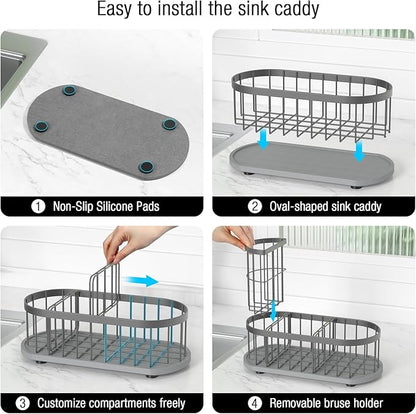 HOKEMOM Grey Sponge Holder for Kitchen Sink,Sink caddy organizer - 2.6mm Thick 304 Stainless Steel Caddy with Rust-Proof Coating, Non-Slip No-Drain Base. Dimensions: 9.84" x 4.72" x 5.83"