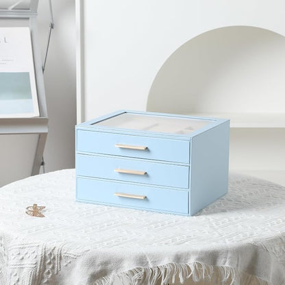 Frebeauty Clear Lid Jewelry Box,3-Layer Jewelry Organizer with Drawer,PU Leather Jewelry Organizers and Storage,Jewelry Boxes for Women,Jewelry Storage for Rings Earring Stud,Gift for Women(Sky Blue)