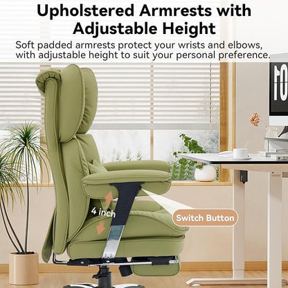 Efomao Big and Tall Office Chair 400lbs, Ergonomic High Back Executive Office Chair with Footrest, Wide Computer Desk Chair for Home Office, Comfortable PU Leather Heavy Duty Chair，Green