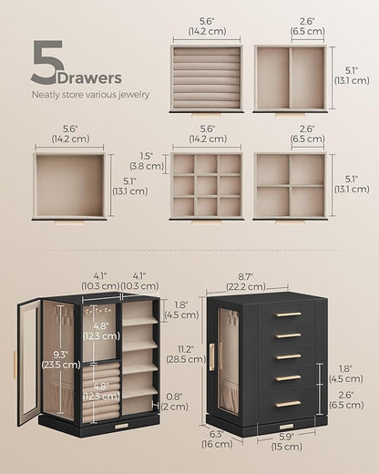 SONGMICS Jewelry Box 360°Rotating, Jewelry Storage Case with 5 Drawers, Jewelry Organizer, Glass Window, Spacious, Vertical Jewelry Storage, Open Design, Great Gift, Graphite Black UJBC170B01