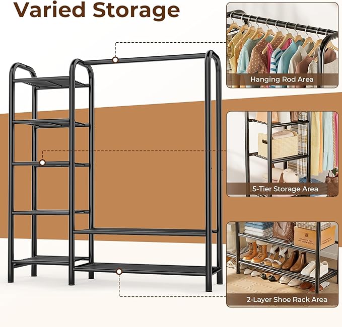 Heavy Duty Clothes Rack with 5 Tiers Shelves, Max Load 670LBS, Portable Freestanding Multi-Functional Metal Clothing Rack with Hanging Rods Organizer System for Bedroom Closet Wardrobe, Black
