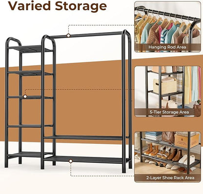 Heavy Duty Clothes Rack with 5 Tiers Shelves, Max Load 670LBS, Portable Freestanding Multi-Functional Metal Clothing Rack with Hanging Rods Organizer System for Bedroom Closet Wardrobe, Black