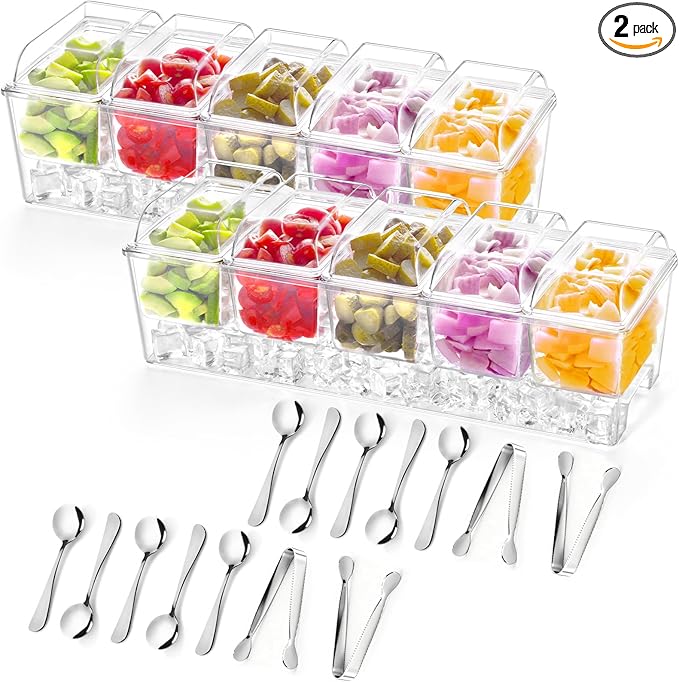 Lifewit 2 Pcs Ice Chilled Condiment Caddy with 5x 20 oz Containers, Condiment Server with Lid & Metal Accessories, Serving Tray Platter with Removable Dishes for Bar, Fruit, Salad, Taco, Party Garnish