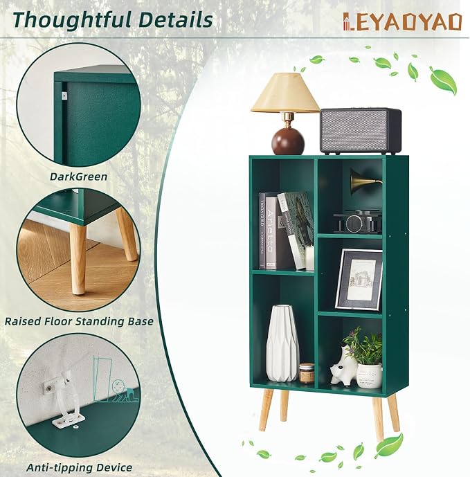 LEYAOYAO 5 Cube Bookshelf 3-Tier Bookcase with Legs,Mint Dark Green Kids Book Shelf Cute Storage Organizer,Free Standing Open Toy Shelves Wood Bookshelves,Display Bookcases for Bedroom,Living Room