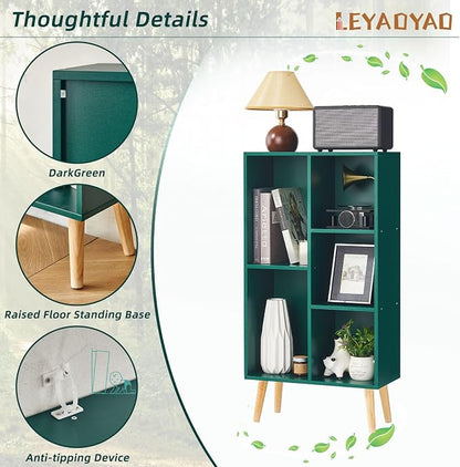 LEYAOYAO 5 Cube Bookshelf 3-Tier Bookcase with Legs,Mint Dark Green Kids Book Shelf Cute Storage Organizer,Free Standing Open Toy Shelves Wood Bookshelves,Display Bookcases for Bedroom,Living Room