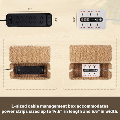 BROWNLILY Cable Management Box, Rattan Style Cord Organizer for Desk Cord Hider Outlet Covers for Power Strip TV PC Router Charger Under Desk Storage with Lockable Lid and Cable Ties