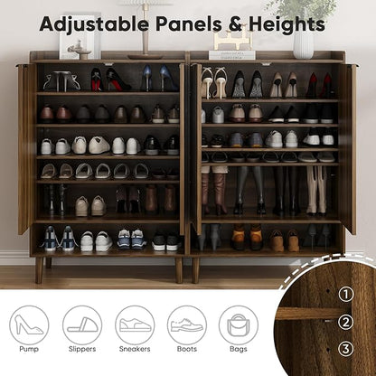 Smuxee Walnut Shoe Cabinet with Fluted Doors, 6-Tier Shoe Storage Cabinet with Adjustable Shelves, Freestanding Shoe Organizer Cabinet for Entryway, Hallway, Closet, Living Room