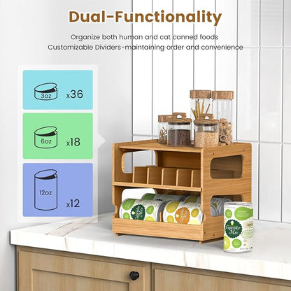 Teamkio Stackable Bamboo Cat Food Organizer, 2-Tier Adjustable FIFO Can Dispenser Space-Saving Storage, Holds Up to 36 Cans - Ideal for Pantry, Cabinet, Countertop