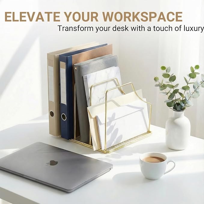 2-Pack Gold Metal File Organizer with Mesh Bottom - Vertical Magazine, Mail & Paper Sorter - 3-Slot Wire Rack for Office, Binders, Makeup Palettes - Aesthetic Desk Organizer