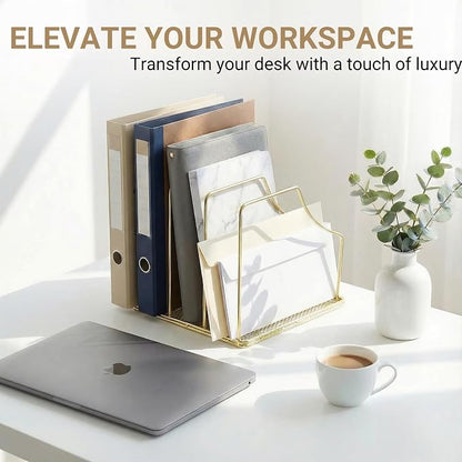 2-Pack Gold Metal File Organizer with Mesh Bottom - Vertical Magazine, Mail & Paper Sorter - 3-Slot Wire Rack for Office, Binders, Makeup Palettes - Aesthetic Desk Organizer