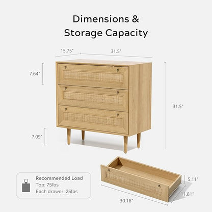 Rattan 3 Drawer Dresser for Bedroom, Modern Dresser Wood Chest of Drawers with Metal Handles,Boho Storage Cabinets Corner Bedside Table for Bedroom, Living Room, Entryway, Natural Oak
