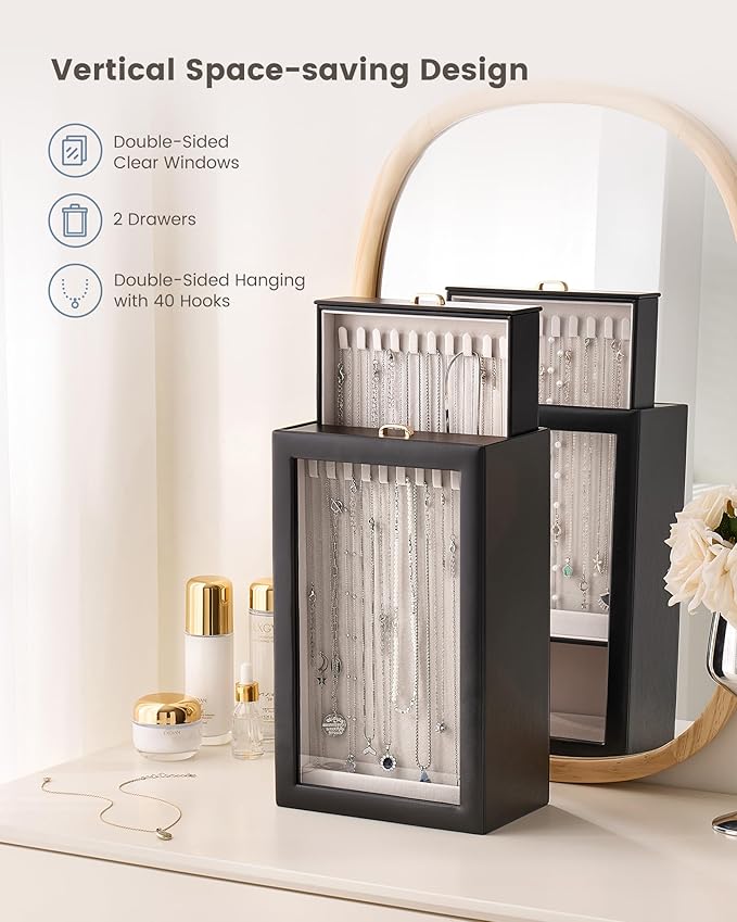 Lolalet Upgraded Double-Sided Hanging Necklace Organizer Box, Jewelry Display Case with Double-Sided Clear Window for Necklaces Bracelets, Tangle-Free Necklace Storage Box, Black, 2-Layer 40 Hooks