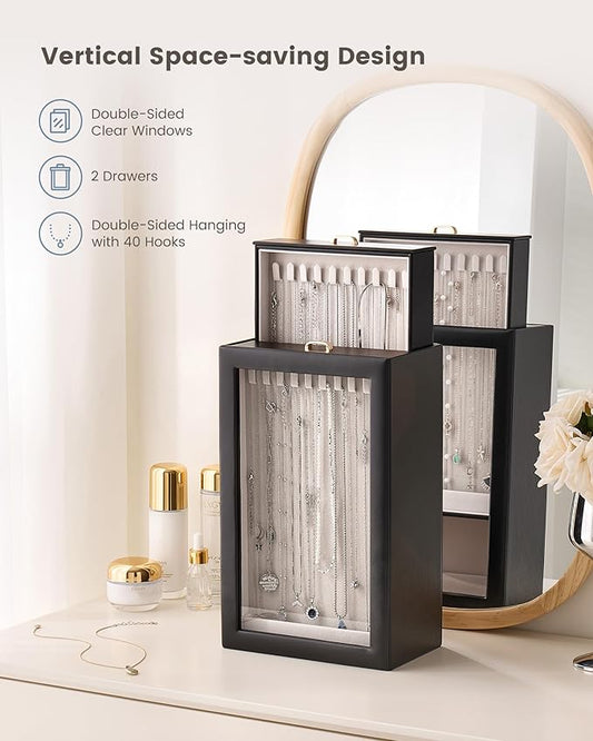 Lolalet Upgraded Double-Sided Hanging Necklace Organizer Box, Jewelry Display Case with Double-Sided Clear Window for Necklaces Bracelets, Tangle-Free Necklace Storage Box, Black, 2-Layer 40 Hooks