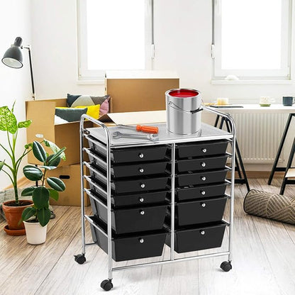 GOFLAME 12-Drawer Rolling Storage Cart, Multipurpose Organizer Cart with 2 Sizes Plastic Drawers, Mobile Utility Cart with Lockable Casters for School, Home Office, Beauty Salon, Black