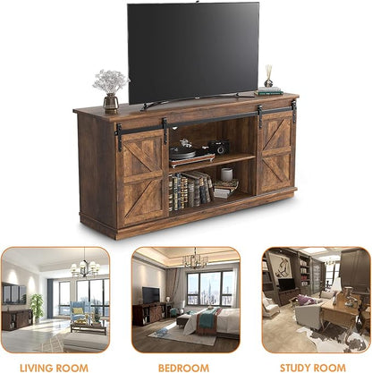 JUMMICO TV Stand for 65 Inch TV, Entertainment Center with Storage Cabinets and Sliding Barn Doors, Mid Century Modern Media TV Console Table for Living Room Bedroom (Rustic Oak)