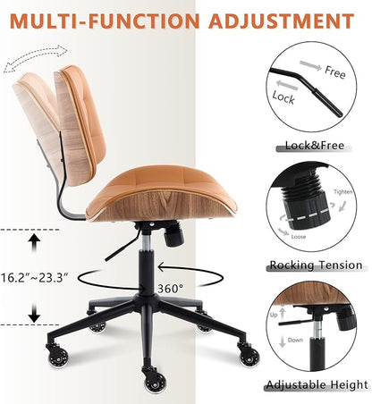 Home Office Desk Chair with Wheels, Adjustable Height Armless Office Chair, PU Leather Mid Back 360° Small Computer Chair, Modern Walnut Chair No Arms for Office, Reading Meeting Room(Brown)