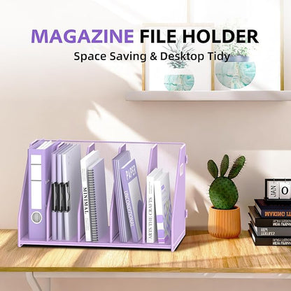 SUPEASY Binder Organizer, Magazine File Holder with 5 Vertical Compartments Rack, Metal Desk File Organizer & Binder Holders, Magazine Organizers for Office Desktop, Home, School, Classroom (Purple)