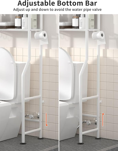 Livilord 3-Tier Over The Toilet Storage, Freestanding Metal Bathroom Shelves with 4 Hooks, Over Toilet Storage Shelf with Paper Holder, Above The Toilet Shelf for Bathroom Storage, White