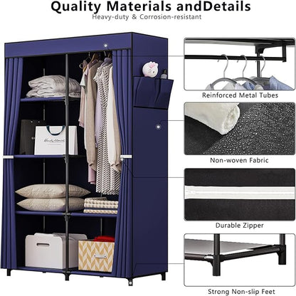 SORCEDAS Portable Closet Wardrobe Organizer Storage with Cover Non-Woben Fabric Portable Wardrobe Closet for Hanging Clothes Racks Shelving 33 Inch for Bedroom, Blue (Blue, 33Inch)