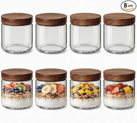 10oz 8 Pack Overnight Oats Containers with Lids, Glass Mason Jars with Acacia Wood Airtight Lids, Wide Mouth Meal Prep Storage Jars for Yogurt, Chia Pudding, Salad, Parfait, Snacks, Spice
