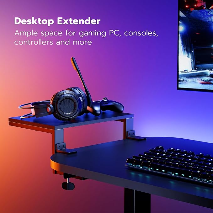 ARES WING Clamp-On Desk Extender & Monitor Shelf – 15" Space Booster, Freestanding or Clamp Mount, Holds 44 lbs, No Drill Desktop Organizer for Office/Gaming, Black