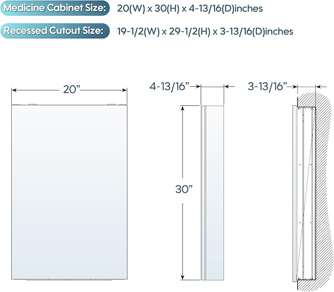WELLFOR 20" x 30" Bathroom Medicine Cabinet, Anodized Chrome Aluminum Frame, Medicine Cabinet with Adjustable Glass Shelves, Bathroom Cabinet with Reverse Door Installation, Surface or Recessed Mount