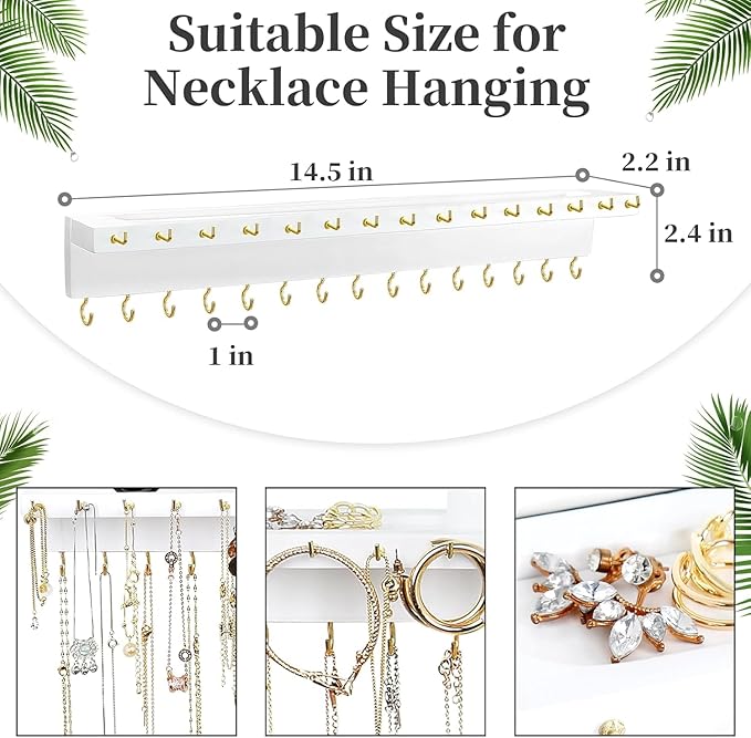 YYILIS Necklace Holder, Upgraded Extra Large Wall Necklace Organizer with 30 Hooks Wall Mounted Necklace Hanger with Jewelry Tray/Cosmetics Shelf Rustic Pine Wood Holder (2 Pack-Double White)