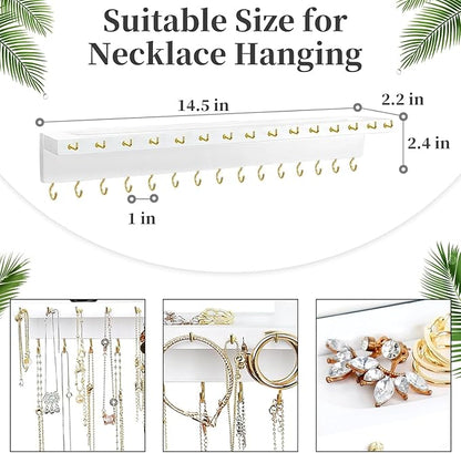 YYILIS Necklace Holder, Upgraded Extra Large Wall Necklace Organizer with 30 Hooks Wall Mounted Necklace Hanger with Jewelry Tray/Cosmetics Shelf Rustic Pine Wood Holder (2 Pack-Double White)