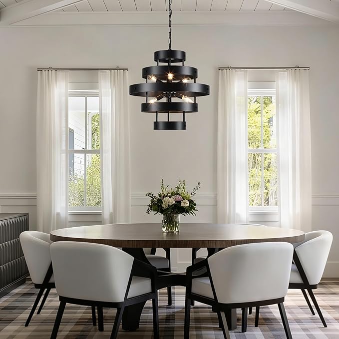 Modern Dining Room Light Fixture Over Table, 6-Light Black Farmhouse Chandelier Industrial Round Metal Rustic Chandeliers Lighting for Kitchen Living Room Entryway Hallway