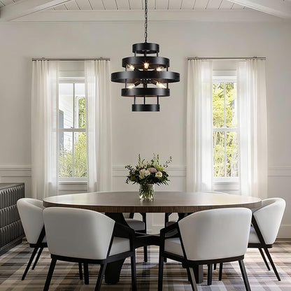 Modern Dining Room Light Fixture Over Table, 6-Light Black Farmhouse Chandelier Industrial Round Metal Rustic Chandeliers Lighting for Kitchen Living Room Entryway Hallway