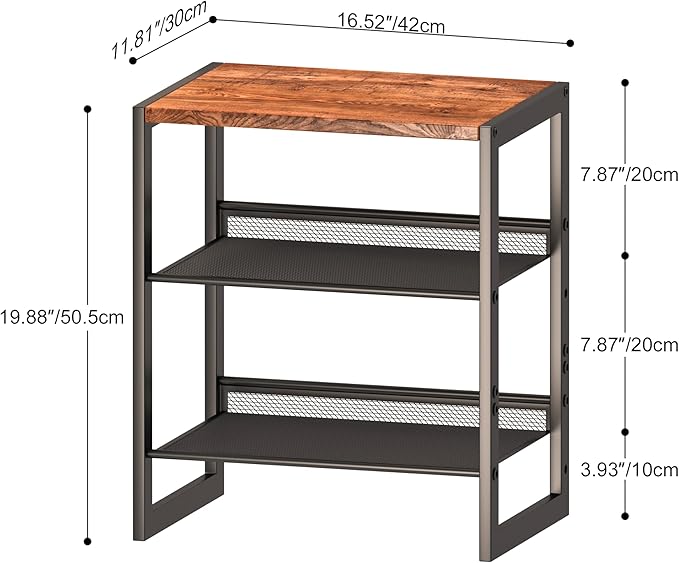 Narrow 3-Tier Shoe Rack, Slim Space-Saving Shelf with Decorative Wood Top & Steel Mesh, Entryway/Closet/Dorm Organizer, 16.5x11.8x19.8 Inches
