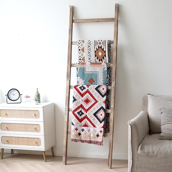 FUIN 6.4ft Extra Wide Wooden Blanket Ladder Living Room Decorative Wal Leaning Farmhouse Quilt Display Holder Rustic Wood Towel Rack for Bathroom, Burnt Brown, 24 inch Wide