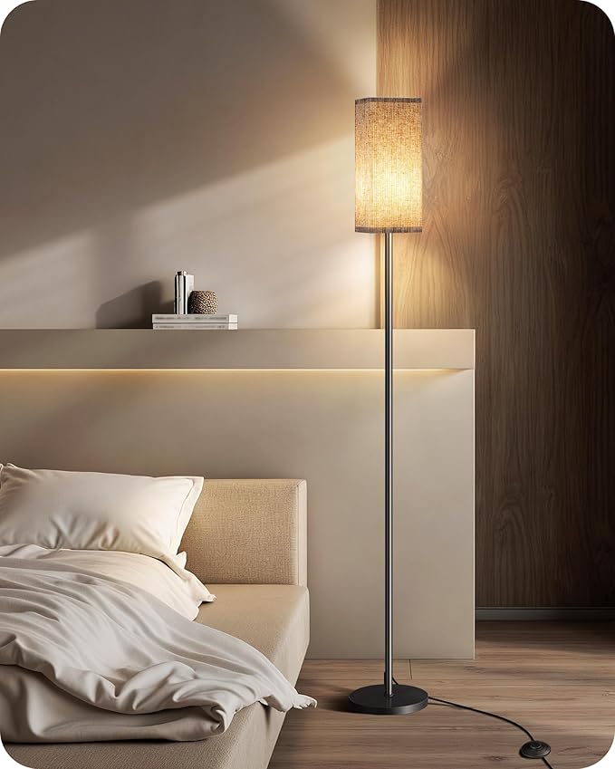 64.2” Dimmable Floor Lamp for Living Room with Remote and Foot Switch, Corner Floor Lamp for Bedroom, Includes 10W A19 Bulb, Modern Standing Tall Lamp, ETL Listed Beige and Black E17LD05