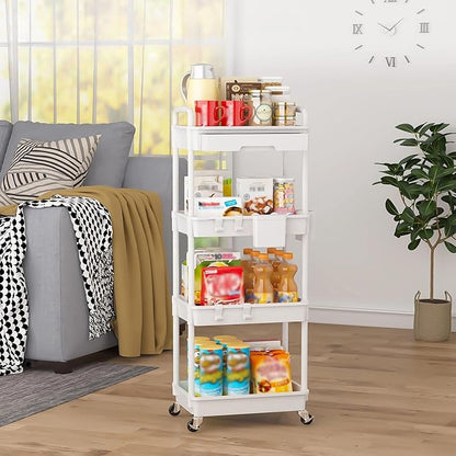 LLMRR 4 Tier Rolling Utility Cart with Drawer, Plastic Storage Organizer Rolling Carts with Wheels Handles Hanging Cups Hooks for Office, Bathroom, Kitchen,Craft Art Room (White)