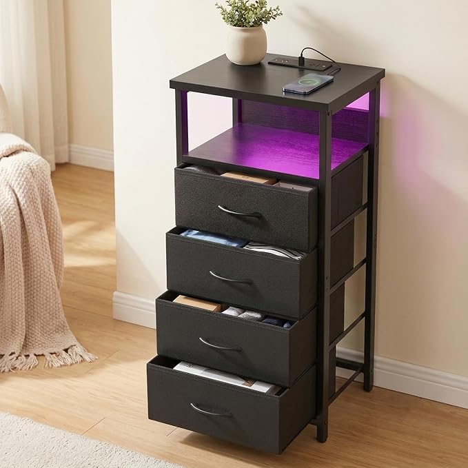 Fixwal Night Stand with Charging Station, Tall Nightstand with U-S-B Ports and Outlets, 4 Fabric Storage Drawers with PU Finish, Small Dresser Bed Side Table, Black