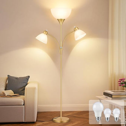 Floor Lamp for Living Room,72" Dimmable Torchiere Lamp with 2 Reading Lights for Bedroom, Gold Tall Standing Room Lamp, 3 Bulbs Included