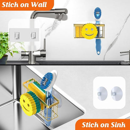 MURLONG Sponge Holder Smiley Face, Sink Caddy for kitchen Sink, Kitchen Organizer Sponge Holder with 2 PCS Suction Cups/1 PCS Adhesive Strips, Designed for Sponge, Soap, Dish brush, Scrubber-Gold